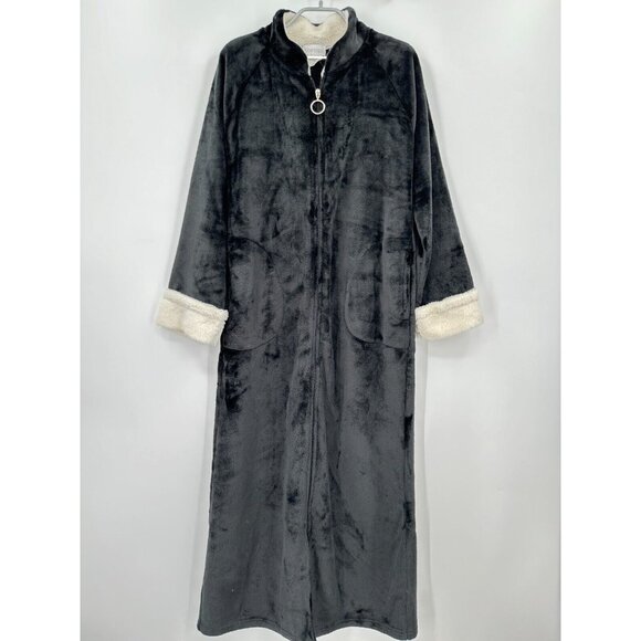 Softies Other - Softies Mandarin Collar Plush Zip-Up Robe Sherpa Trim sz S Women's Black NWT